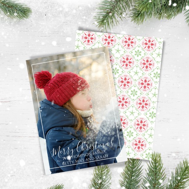 Fotos de la Feliz Navidad Roja y Verde (Merry Christmas photo card with red and green snowflake pattern,)