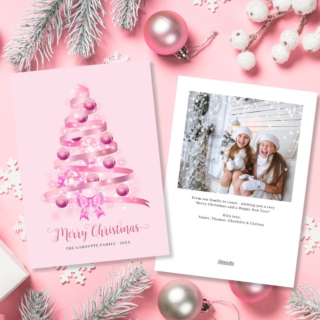 Fotos del árbol de cinta rosada de navidad (Merry Christmas Pink Ribbon Tree Photo Holiday Card)