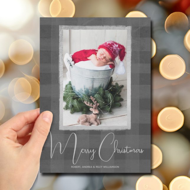 Fotos del cheque de búfalo de navidad de Feliz (Merry Christmas Gray Buffalo Check Photo Holiday Cards)
