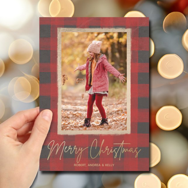 Fotos del cheque de búfalo de navidad de Feliz (Merry Christmas Buffalo Check Photo Holiday Cards)