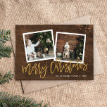 Fotos del guión de oro ruso de navidad<br><div class="desc">Un personalizado asequible imprimió tarjetas de foto navideñas con plantillas sencillas para la personalización. Este diseño rústico de moda presenta una plantilla de 2 fotos con texto falso de Relieve metalizado dorado sobre un fondo de madera. Personalízalo con tus fotos, tu apellido, el año u otro texto personalizado. Tenga en...</div>