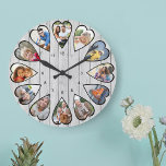 Fotos en forma de corazón Madera gris clara reloj<br><div class="desc">Crea tu propio reloj multifoto. La plantilla de la foto se configura para que añada 12 fotos que se muestran en un marco con forma de corazón. El diseño utiliza fotos verticales retratadas para todos los números excepto 3 y 9 que están en formato horizontal horizontal horizontal. La cara del...</div>