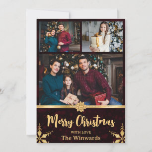 Fotos familiares de Navidad con Bokeh rojo y cinta