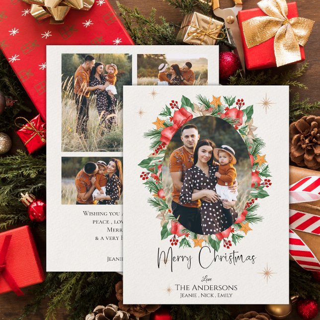 Fotos multifamiliares de Red Florals Feliz Navidad (Red Florals Multi Family Photos Merry Christmas Holiday Card)