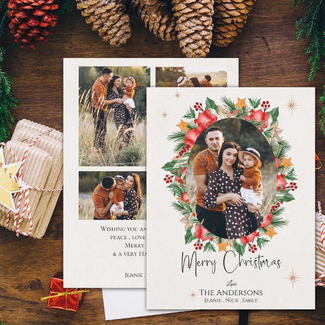 Fotos multifamiliares de Red Florals Feliz Navidad (Red Florals Multi Family Photos Merry Christmas Holiday Postcard)