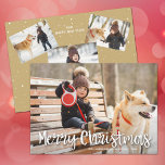 Fotos Múltiples de Feliz Navidad Moderna<br><div class="desc">Feliz Navidad con un guión blanco y tus nombres con letras de moda acentúan tu foto familiar favorita en la parte delantera y otras 3 fotos en la parte trasera. Seleccione Matte para el papel más pesado y la Alta Definición para la mejor calidad de la foto.</div>