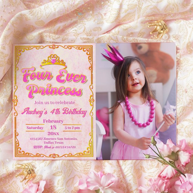 Four Ever Princess - Invitación de cumpleaños para (Four Ever Princess - Girl 4th Birthday Landscape Invitation with Picture)