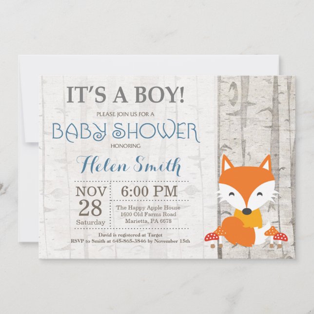 Fox Boy Baby Shower Invitación Rustic Woodland (Anverso)