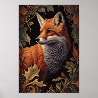 Fox rojo con hojas | Elegante Arte Animal Floral