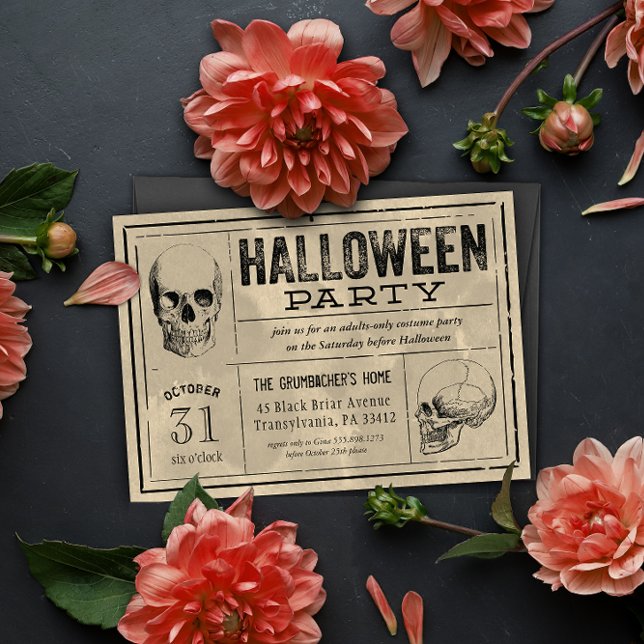 Fragmentos de invitación de fiesta de Halloween co (halloween party invitation looks like old poison label with stained ecru paper and two skull design)