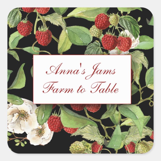 Frambuesas botánicas en etiqueta de fondo negro (Anverso)