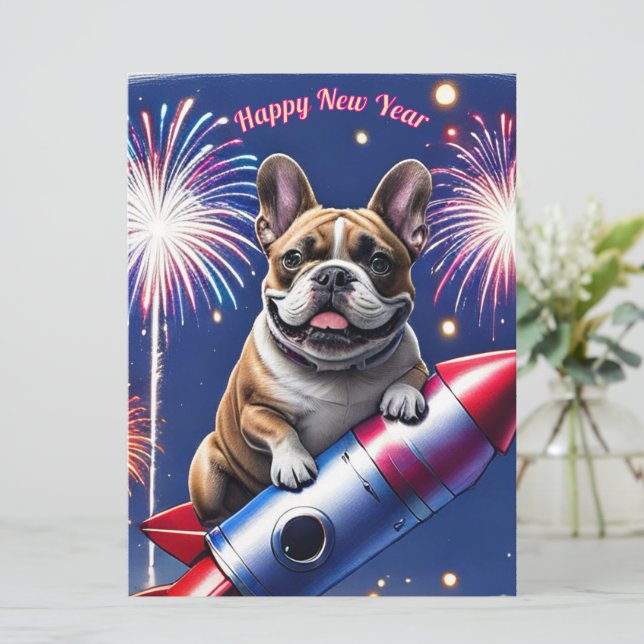 Französische Bulldogge Neujahr lustig Rakete (Anverso de pie)