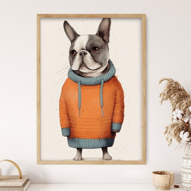 Frenchie con suéter naranja, decoración divertida  (Subido por el creador)