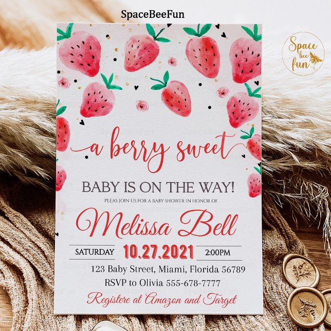 Fresa Baby Shower Invitación Berry Sweet Baby (Berry Baby shower Invitation,Strawberry Baby Shower Invites,Berry Sweet Baby on the way,Girl Baby sh)