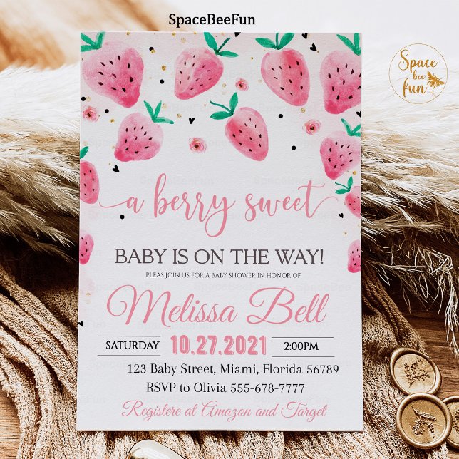 Fresa Baby Shower Invitación Berry Sweet Baby (Berry Baby shower Invitation,Strawberry Baby Shower Invites,Berry Sweet Baby on the way,Girl Baby sh)