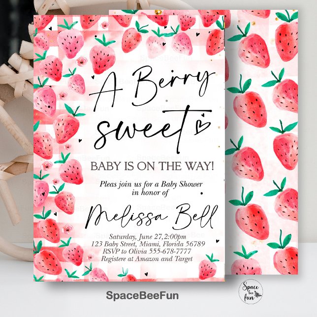 Fresa Baby Shower Invitación Berry Sweet Baby (Strawberry invites,Baby Shower,Invitation,Berry Sweet,Baby on the way,Girl Baby,shower Invite,)