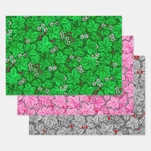 Fresas y hojas Art Nouveau, verde rosa gris