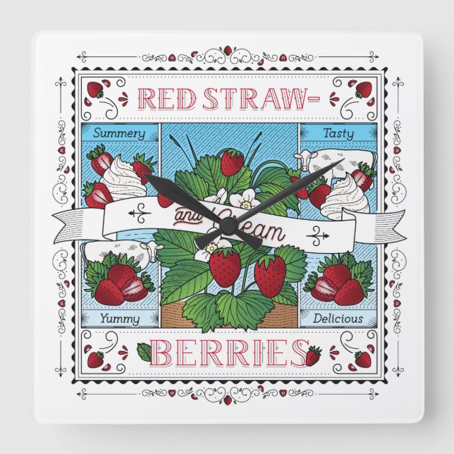 Fresas y reloj de pared crema (Anverso)