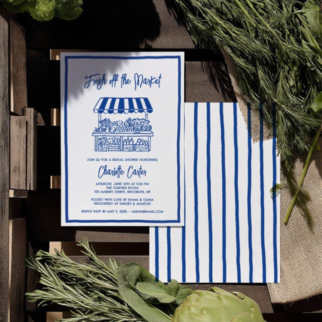Fresco de Mercado Invitación de Despedida de Solte (Fresh Off The Market Bridal Shower Whimsical Blue Invitation)