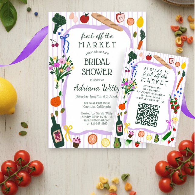 FRESCO DEL MERCADO Invitación para Despedida de So (FRESH OFF THE MARKET Bridal Shower CUSTOM QR Code RSVP Card
)