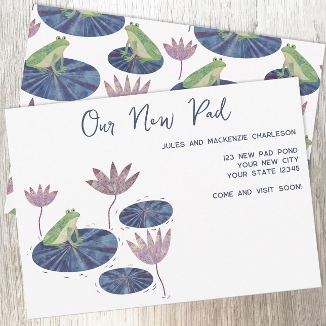 Frog Lily Pad Cambio de Invitación de dirección (Our New Pad frog themed modern moving home announcement and change of address)