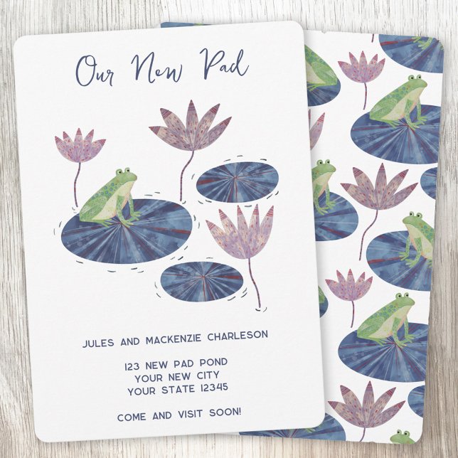 Frog Lily Pad Cambio de Invitación de dirección (Hand painted frog our new pad custom text moving new home change of address announcement)