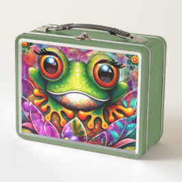 Frog Whimsical Abstract Pintura Art Floral Verde