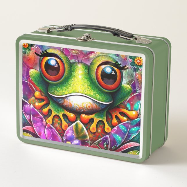 Frog Whimsical Abstract Pintura Art Floral Verde (Anverso)