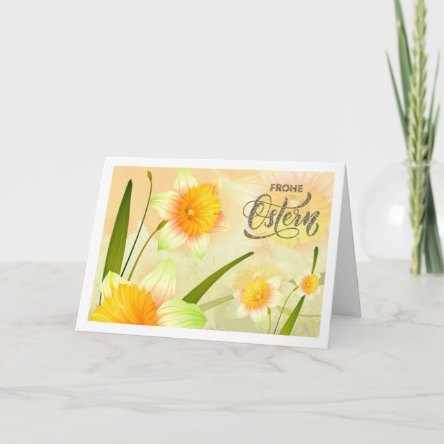 Frohe Ostern. Tarjeta de Pascua Daffodil en alemán (Anverso)