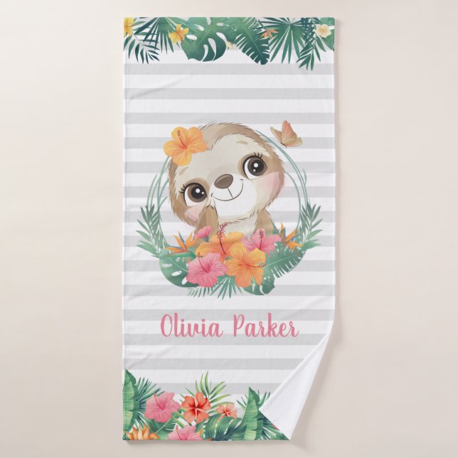 Fronteras tropicales Hibiscus Flowers Sloth Person (Toalla de baño)
