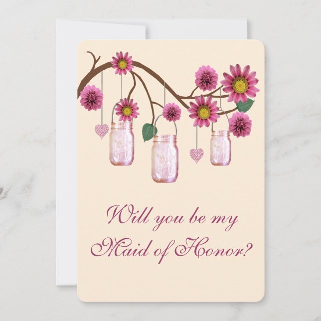 Frores Rosadas Tarjetas de Dama de Honor en Tarros (Anverso)