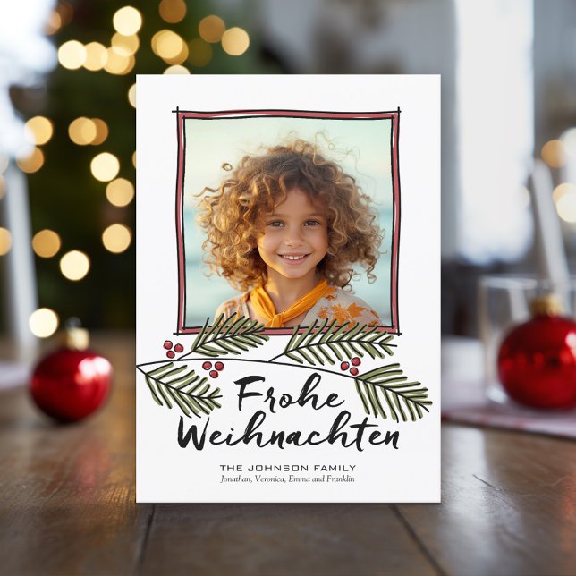 Frost Weihnachten Navidad rama de árbol de pinzas (Holiday Photo Card with large script greeting)