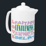 Fruta de la tetera espiritual<br><div class="desc">Una encantadora tetera de diseño de tipografía con la lista de Frutos del Espíritu Santo de las Galaciones 5:22-23 en colores suaves acentuados con mariposas y detalles florales. ¡Mug coincidente disponible!</div>
