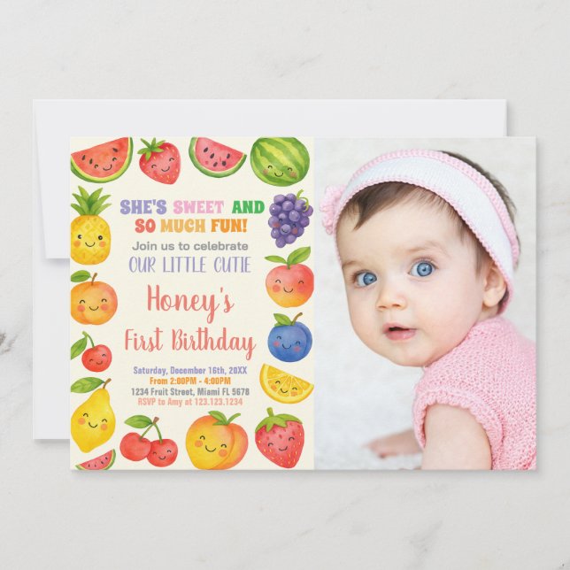 Fruta tropical Invitación de primer cumpleaños con (Anverso)
