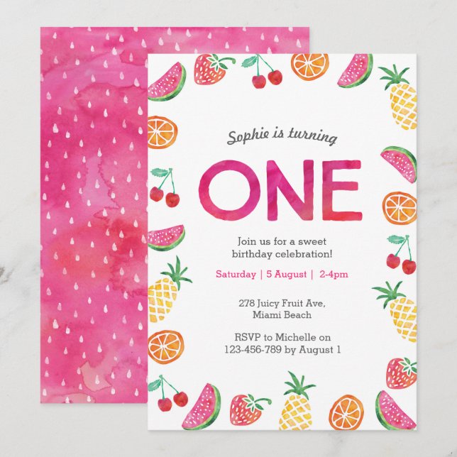 Frutas tropicales Invitación de primer cumpleaños  (Anverso / Reverso)