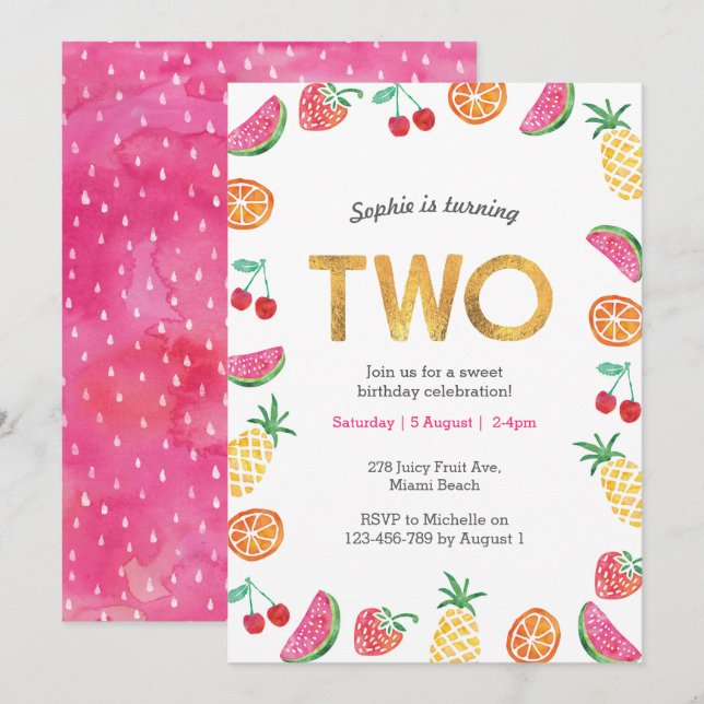 Frutas tropicales Oro Rosa Invitación a cumpleaños (Anverso / Reverso)