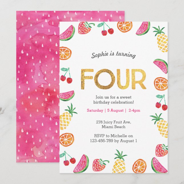 Frutas tropicales Oro Rosado Invitación de cumplea (Anverso / Reverso)