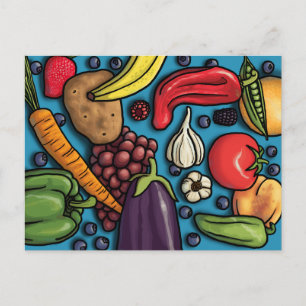 Frutas y verduras coloridas en la postal azul