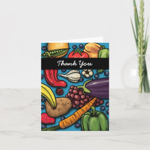 Frutas y verduras coloridas en tarjeta azul