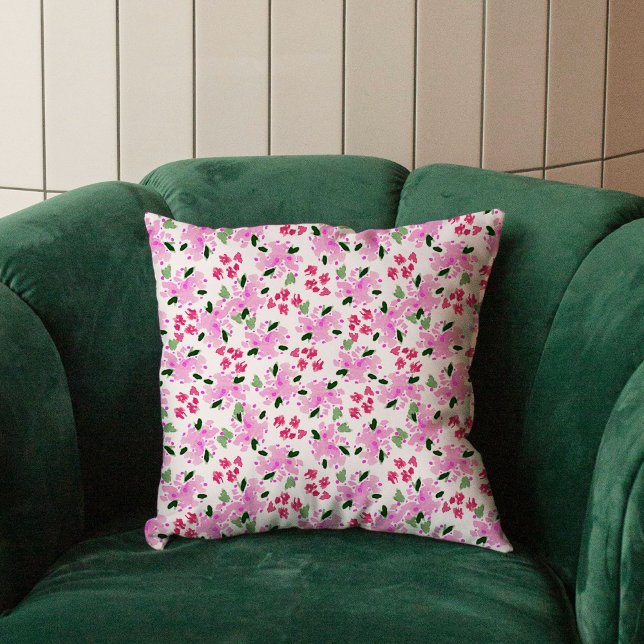 Fuchsia Cojín decorativo de acuarela rosa floral (Fuchsia pink watercolor painted floral garden throw pillow)