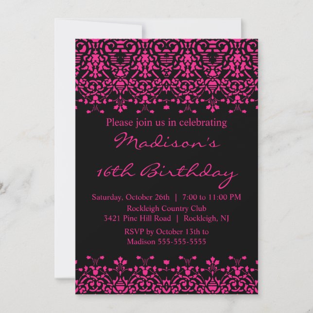 Fuchsia Damask Sweet Dieciséis Invitaciones de Cum (Anverso)