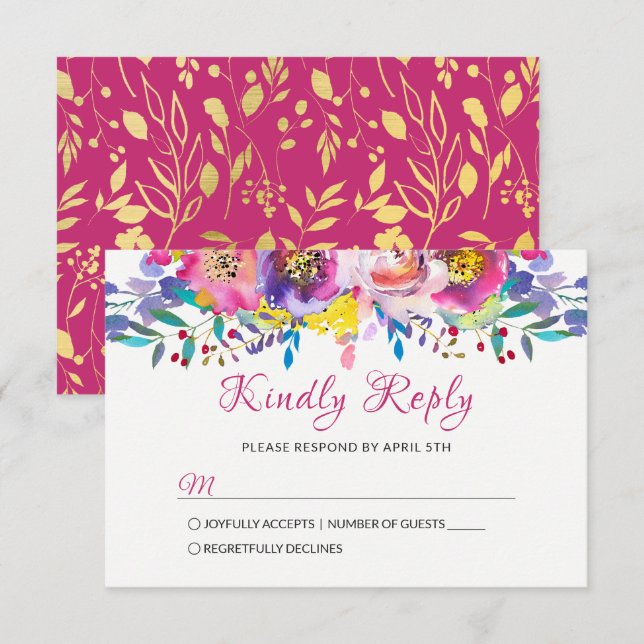 Fuchsia Gold Blossom Floral Wedding RSVP (Anverso / Reverso)