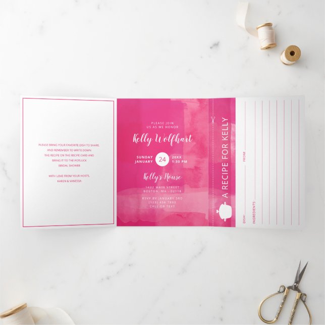 Fuchsia Potluck Bridal Shower con tarjeta de recet (Interior)