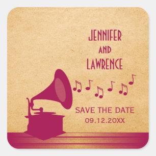 Fuchsia Vintage Gramophone Save the Date Pegatinas