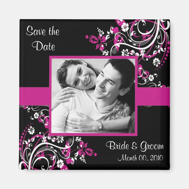 Fuchsia y Black Save the Date imanes (Frente)