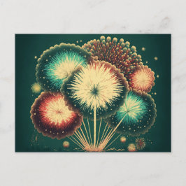 Fuegos artificiales retro sobre la postal de la ci