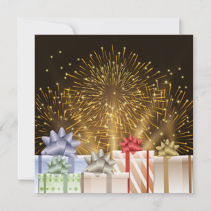 Fuegos artificiales y luz con cajas de regalo Tarj