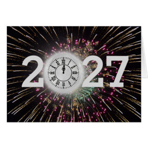 Fuegos artificiales y reloj de luna de Año Nuevo 2