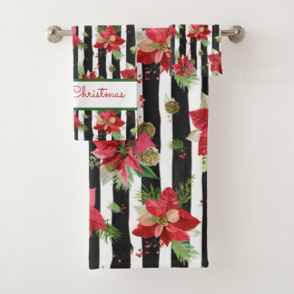 Fuertes franjas con Poinsettias Feliz Navidad