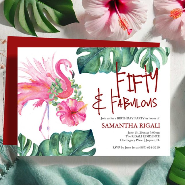 Fun 50.ª invitación de cumpleaños Flamingo tropica (Fifty and fabulous birthday invitations tropical watercolor pink flamingo by Victoria Grigaliunas)